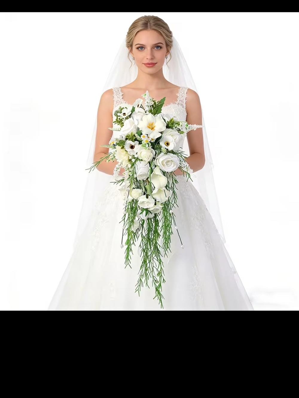 White Cascading Faux Bridal Bouquet with Greenery -